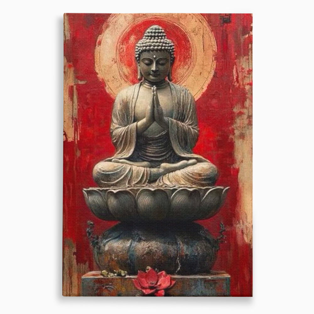Leinwand Leinwand Wandkunst Premium LuxCanva® I148, Zen Essenz, Buddha, Zen, Meditation, Yoga, Lotus, Aura, Spiritualität, Harmonie, Gebet, Innerer Frieden, Rot, Wohnen, Schlafzimmer