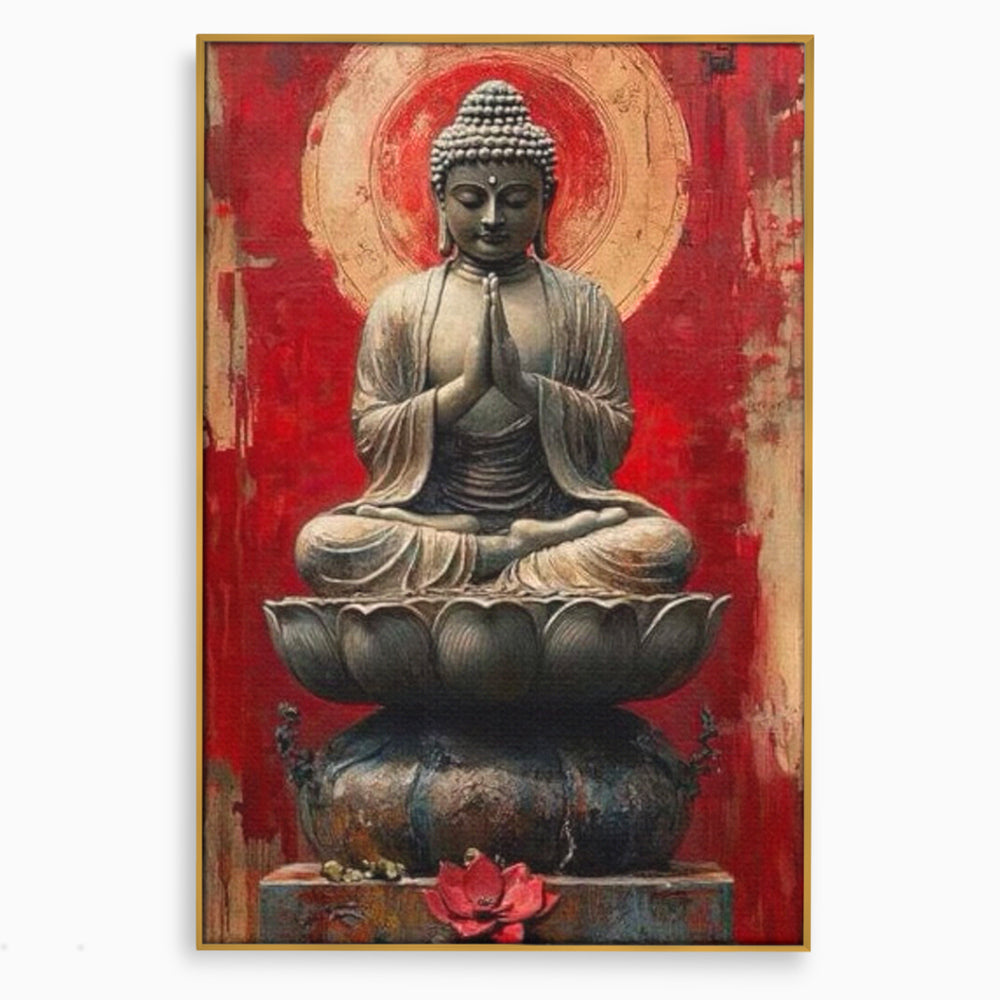 Leinwand Leinwand Wandkunst Premium LuxCanva® I148, Zen Essenz, Buddha, Zen, Meditation, Yoga, Lotus, Aura, Spiritualität, Harmonie, Gebet, Innerer Frieden, Rot, Wohnen, Schlafzimmer