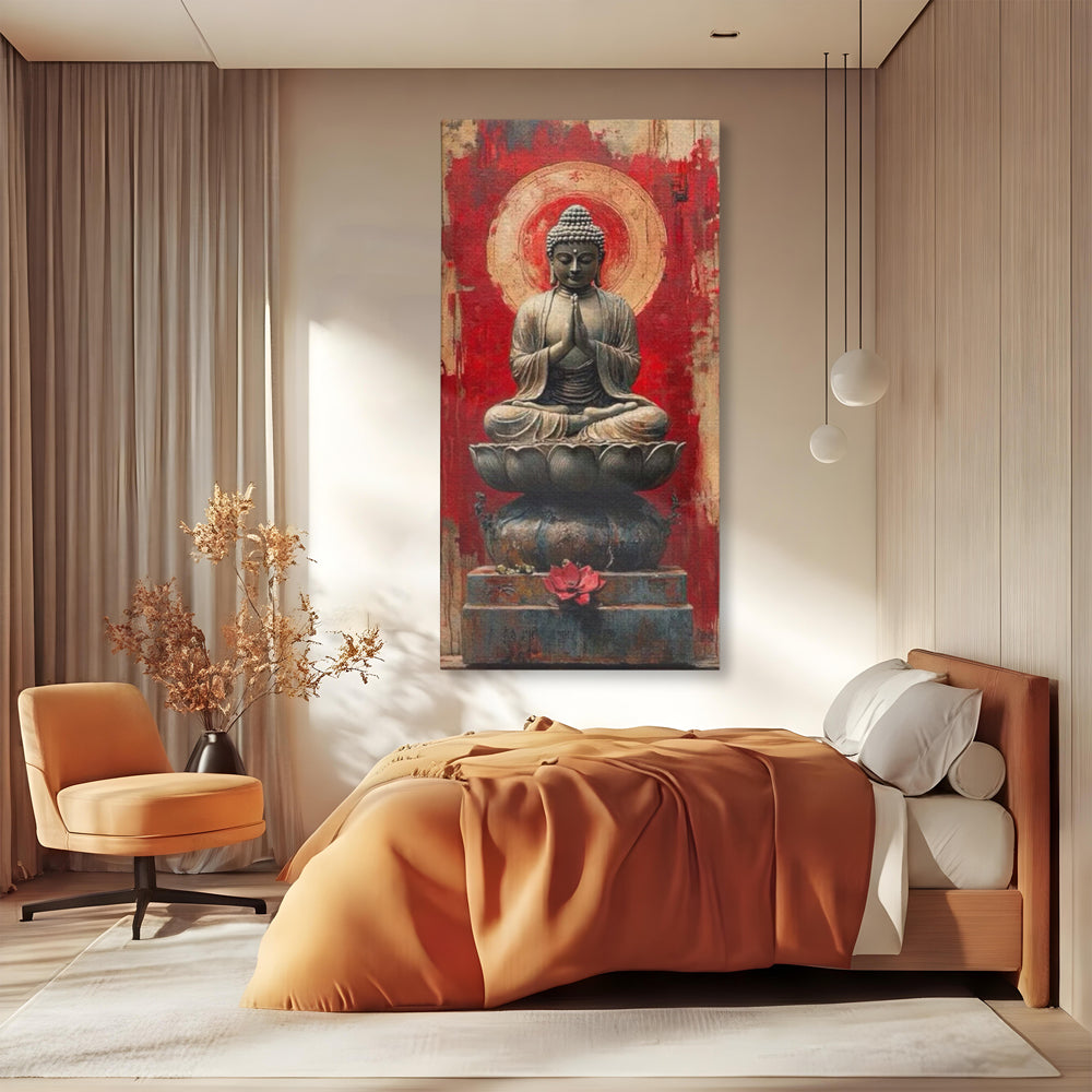 Leinwand Leinwand Wandkunst Premium LuxCanva® I148, Zen Essenz, Buddha, Zen, Meditation, Yoga, Lotus, Aura, Spiritualität, Harmonie, Gebet, Innerer Frieden, Rot, Wohnen, Schlafzimmer