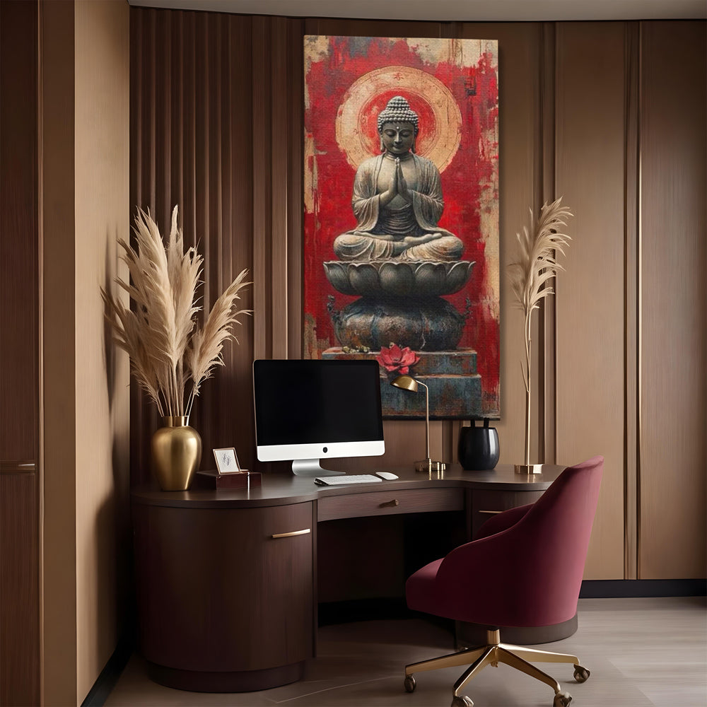 Leinwand Leinwand Wandkunst Premium LuxCanva® I148, Zen Essenz, Buddha, Zen, Meditation, Yoga, Lotus, Aura, Spiritualität, Harmonie, Gebet, Innerer Frieden, Rot, Wohnen, Schlafzimmer