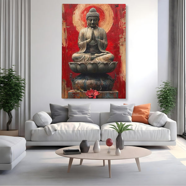 Leinwand Leinwand Wandkunst Premium LuxCanva® I148, Zen Essenz, Buddha, Zen, Meditation, Yoga, Lotus, Aura, Spiritualität, Harmonie, Gebet, Innerer Frieden, Rot, Wohnen, Schlafzimmer