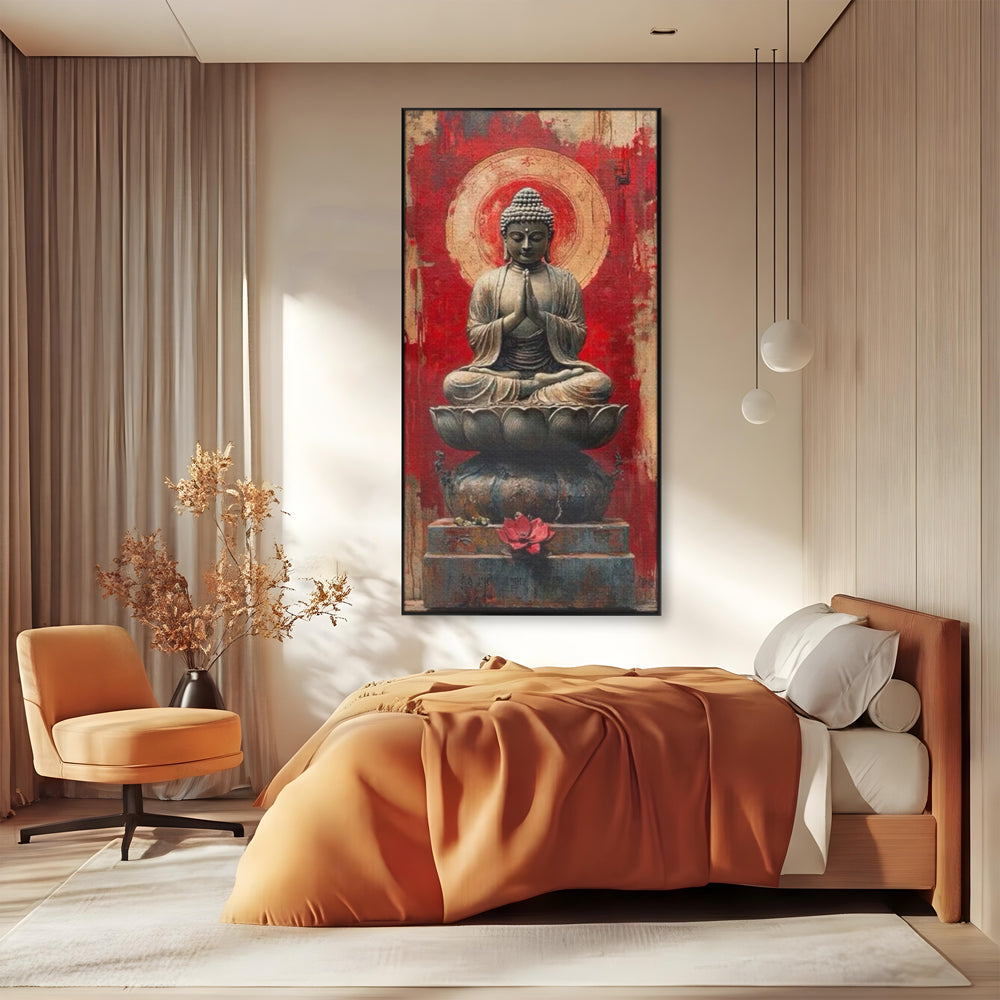 Leinwand Leinwand Wandkunst Premium LuxCanva® I148, Zen Essenz, Buddha, Zen, Meditation, Yoga, Lotus, Aura, Spiritualität, Harmonie, Gebet, Innerer Frieden, Rot, Wohnen, Schlafzimmer