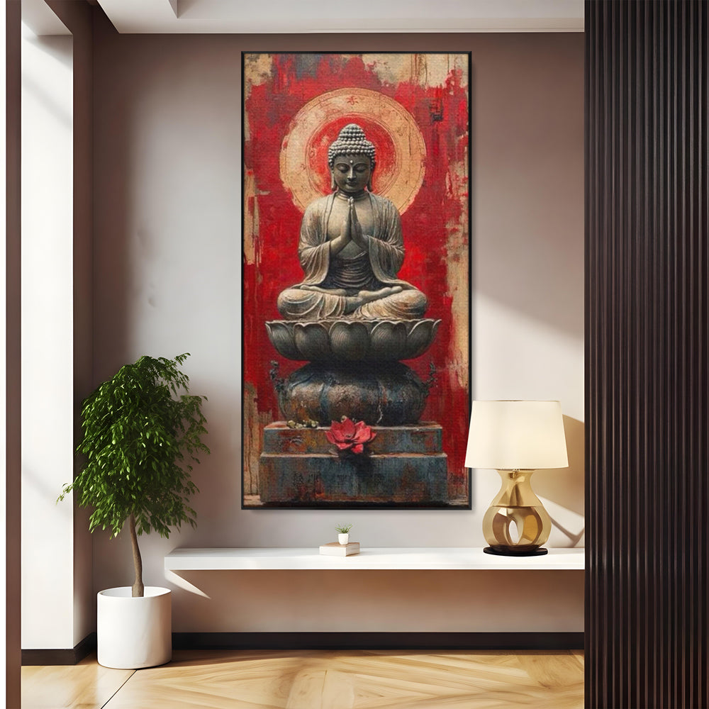 Leinwand Leinwand Wandkunst Premium LuxCanva® I148, Zen Essenz, Buddha, Zen, Meditation, Yoga, Lotus, Aura, Spiritualität, Harmonie, Gebet, Innerer Frieden, Rot, Wohnen, Schlafzimmer