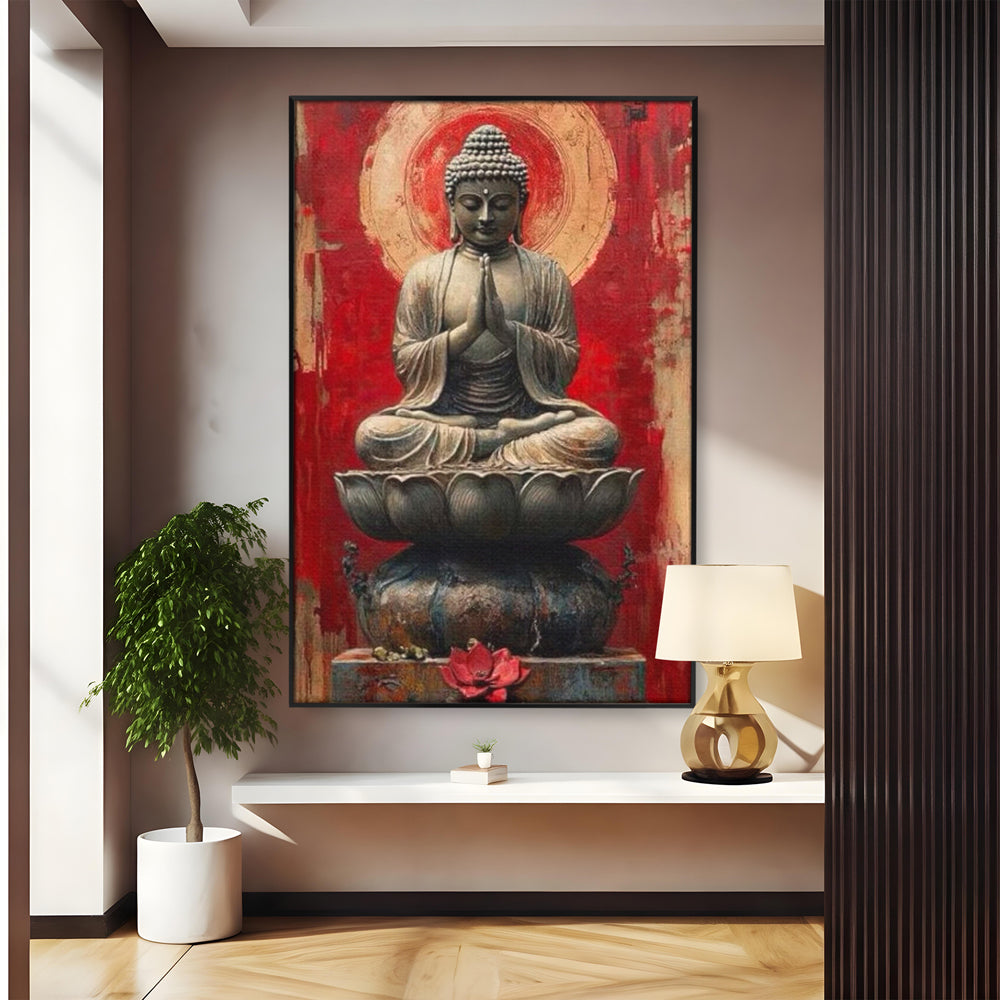 Leinwand Leinwand Wandkunst Premium LuxCanva® I148, Zen Essenz, Buddha, Zen, Meditation, Yoga, Lotus, Aura, Spiritualität, Harmonie, Gebet, Innerer Frieden, Rot, Wohnen, Schlafzimmer