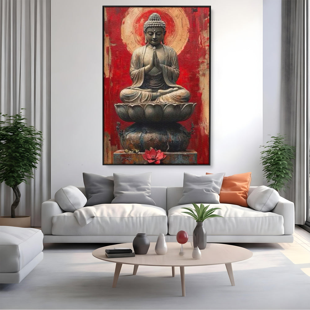 Leinwand Leinwand Wandkunst Premium LuxCanva® I148, Zen Essenz, Buddha, Zen, Meditation, Yoga, Lotus, Aura, Spiritualität, Harmonie, Gebet, Innerer Frieden, Rot, Wohnen, Schlafzimmer
