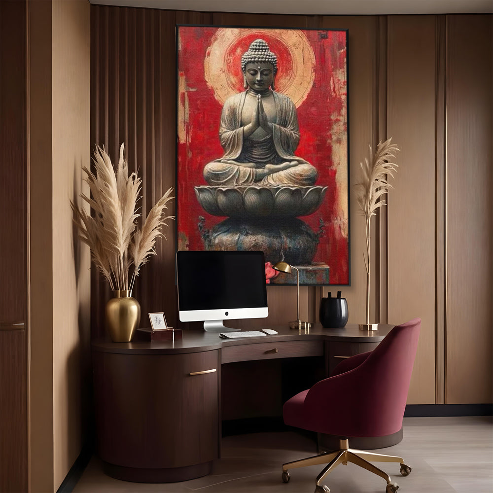 Leinwand Leinwand Wandkunst Premium LuxCanva® I148, Zen Essenz, Buddha, Zen, Meditation, Yoga, Lotus, Aura, Spiritualität, Harmonie, Gebet, Innerer Frieden, Rot, Wohnen, Schlafzimmer