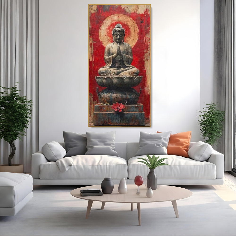 Leinwand Leinwand Wandkunst Premium LuxCanva® I148, Zen Essenz, Buddha, Zen, Meditation, Yoga, Lotus, Aura, Spiritualität, Harmonie, Gebet, Innerer Frieden, Rot, Wohnen, Schlafzimmer