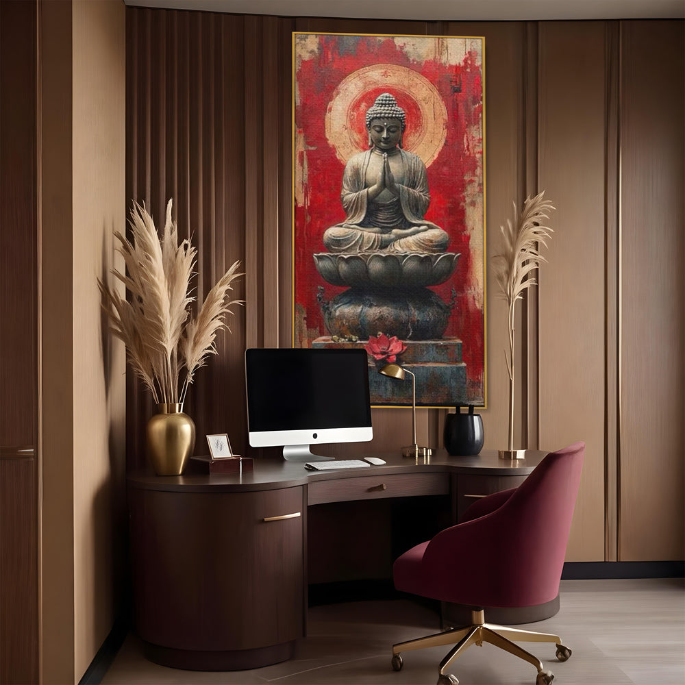Leinwand Leinwand Wandkunst Premium LuxCanva® I148, Zen Essenz, Buddha, Zen, Meditation, Yoga, Lotus, Aura, Spiritualität, Harmonie, Gebet, Innerer Frieden, Rot, Wohnen, Schlafzimmer