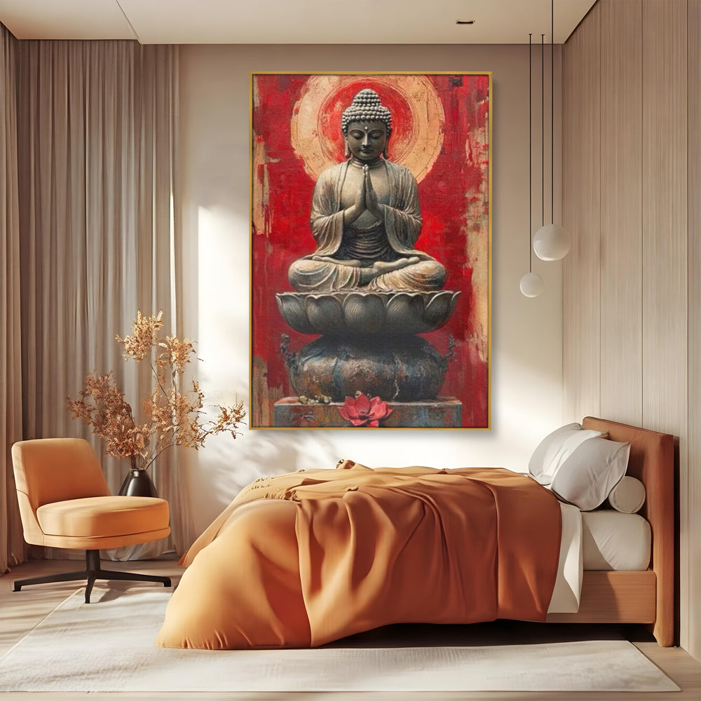 Leinwand Leinwand Wandkunst Premium LuxCanva® I148, Zen Essenz, Buddha, Zen, Meditation, Yoga, Lotus, Aura, Spiritualität, Harmonie, Gebet, Innerer Frieden, Rot, Wohnen, Schlafzimmer
