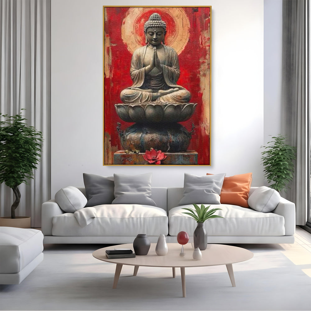 Leinwand Leinwand Wandkunst Premium LuxCanva® I148, Zen Essenz, Buddha, Zen, Meditation, Yoga, Lotus, Aura, Spiritualität, Harmonie, Gebet, Innerer Frieden, Rot, Wohnen, Schlafzimmer