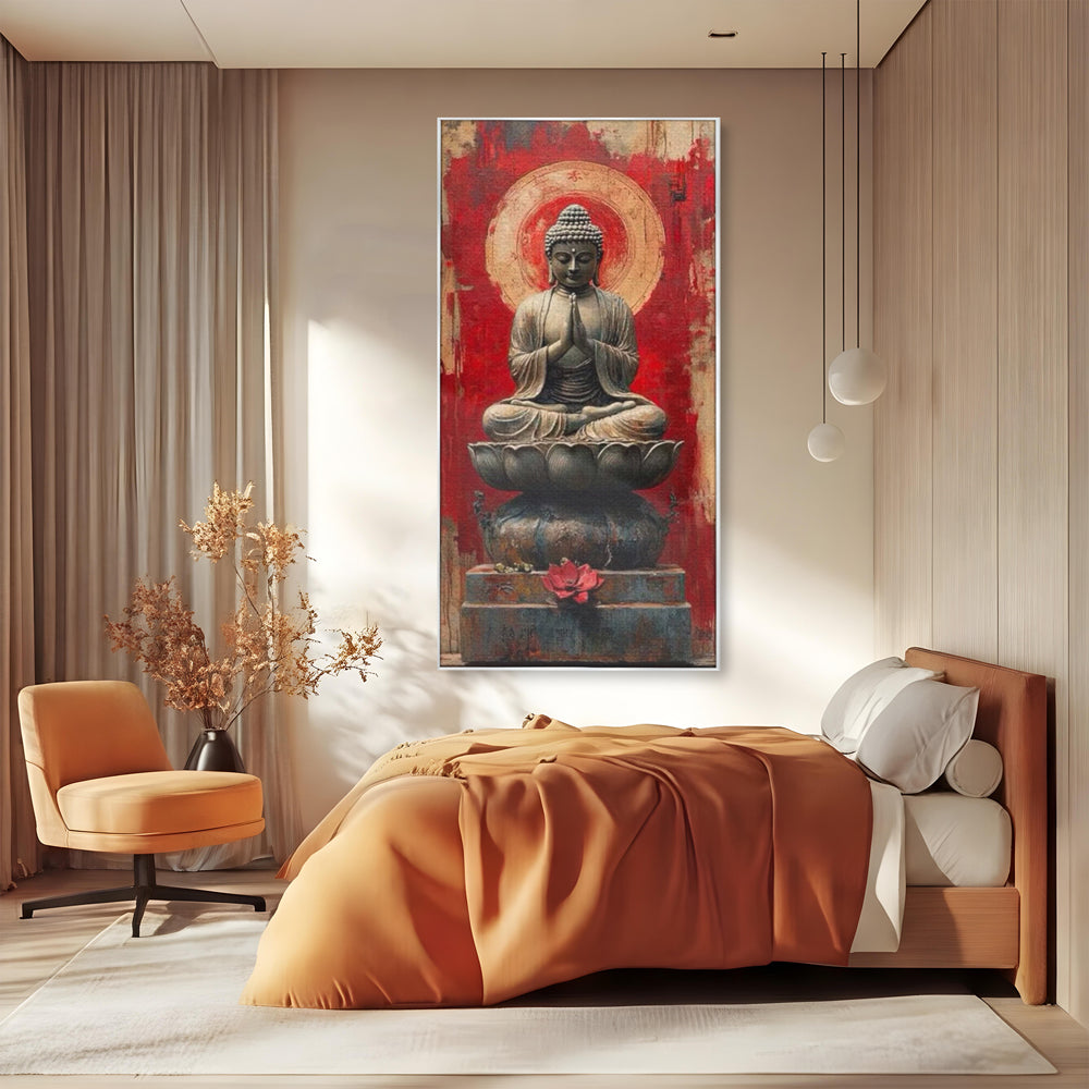 Leinwand Leinwand Wandkunst Premium LuxCanva® I148, Zen Essenz, Buddha, Zen, Meditation, Yoga, Lotus, Aura, Spiritualität, Harmonie, Gebet, Innerer Frieden, Rot, Wohnen, Schlafzimmer