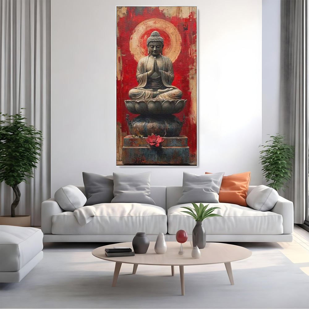 Leinwand Leinwand Wandkunst Premium LuxCanva® I148, Zen Essenz, Buddha, Zen, Meditation, Yoga, Lotus, Aura, Spiritualität, Harmonie, Gebet, Innerer Frieden, Rot, Wohnen, Schlafzimmer