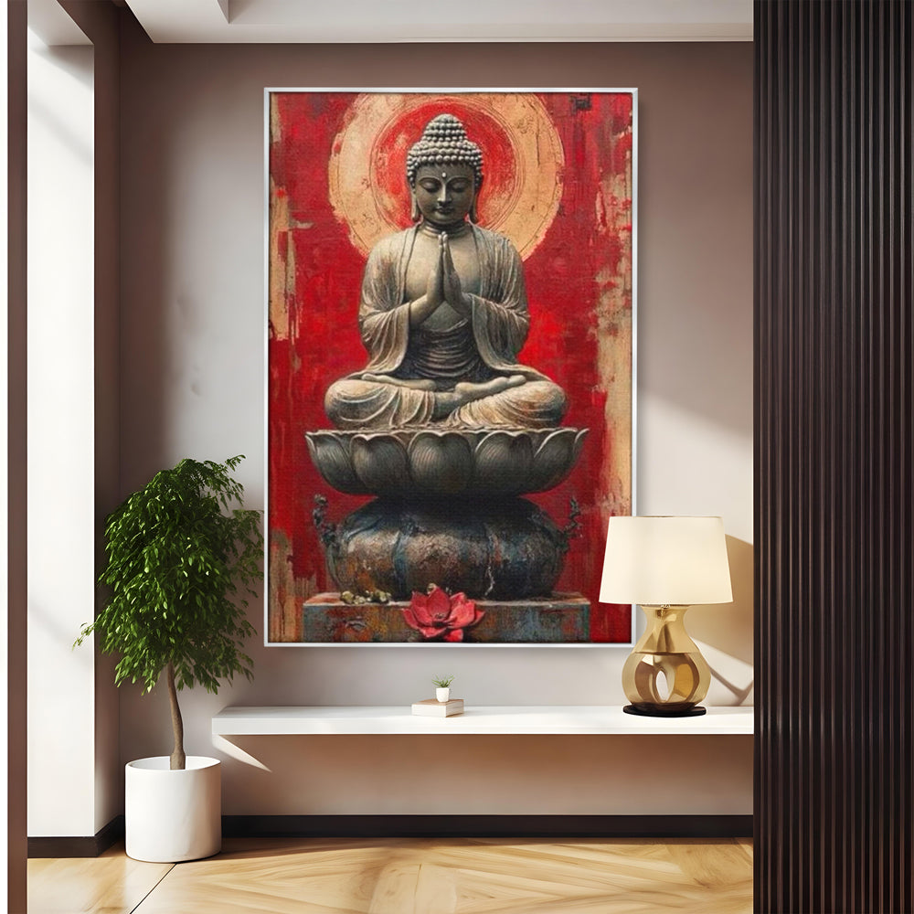Leinwand Leinwand Wandkunst Premium LuxCanva® I148, Zen Essenz, Buddha, Zen, Meditation, Yoga, Lotus, Aura, Spiritualität, Harmonie, Gebet, Innerer Frieden, Rot, Wohnen, Schlafzimmer
