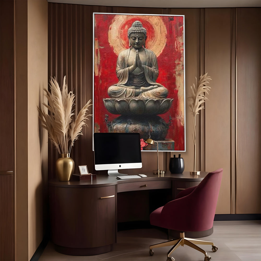 Leinwand Leinwand Wandkunst Premium LuxCanva® I148, Zen Essenz, Buddha, Zen, Meditation, Yoga, Lotus, Aura, Spiritualität, Harmonie, Gebet, Innerer Frieden, Rot, Wohnen, Schlafzimmer
