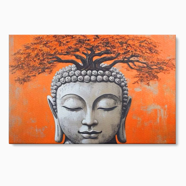 Leinwand Wandkunst Leinwand Wandkunst Premium LuxCanva® I152, Blühende Balance, Buddha, Zen, Spiritualität, Gleichgewicht, Baum, Meditation, Harmonie, Innerer Frieden, Orange, Wohnen, Schlafzimmer