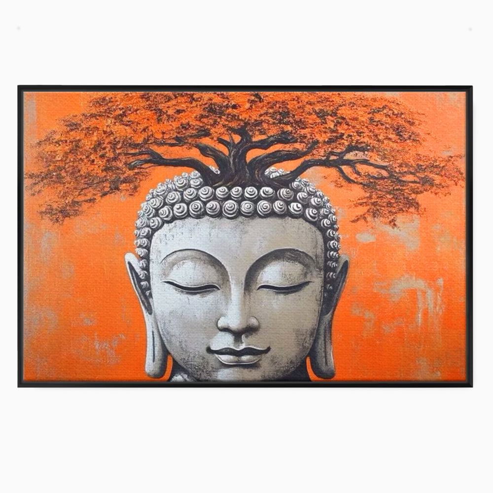 Leinwand Wandkunst Leinwand Wandkunst Premium LuxCanva® I152, Blühende Balance, Buddha, Zen, Spiritualität, Gleichgewicht, Baum, Meditation, Harmonie, Innerer Frieden, Orange, Wohnen, Schlafzimmer