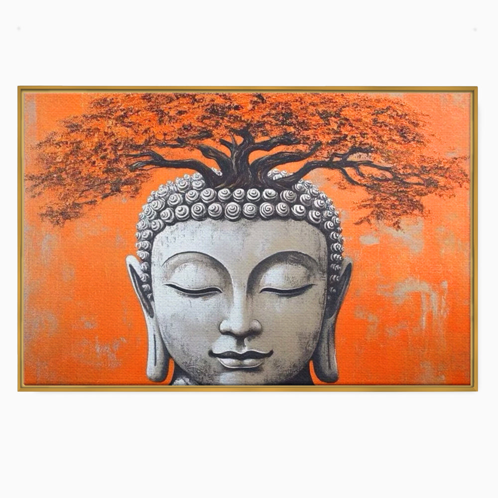 Leinwand Wandkunst Leinwand Wandkunst Premium LuxCanva® I152, Blühende Balance, Buddha, Zen, Spiritualität, Gleichgewicht, Baum, Meditation, Harmonie, Innerer Frieden, Orange, Wohnen, Schlafzimmer