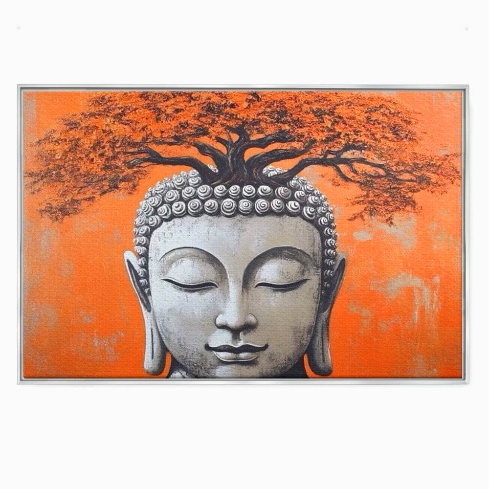 Leinwand Wandkunst Leinwand Wandkunst Premium LuxCanva® I152, Blühende Balance, Buddha, Zen, Spiritualität, Gleichgewicht, Baum, Meditation, Harmonie, Innerer Frieden, Orange, Wohnen, Schlafzimmer