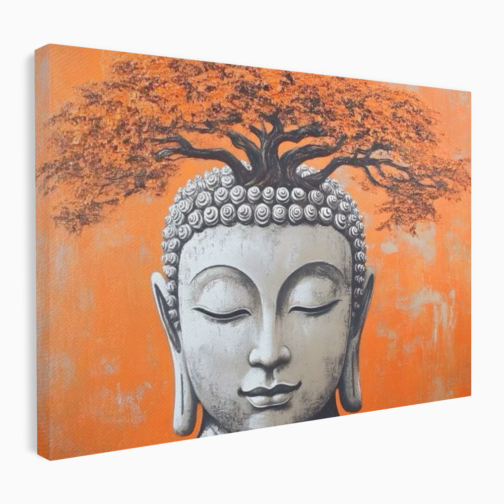 Leinwand Wandkunst Leinwand Wandkunst Premium LuxCanva® I152, Blühende Balance, Buddha, Zen, Spiritualität, Gleichgewicht, Baum, Meditation, Harmonie, Innerer Frieden, Orange, Wohnen, Schlafzimmer