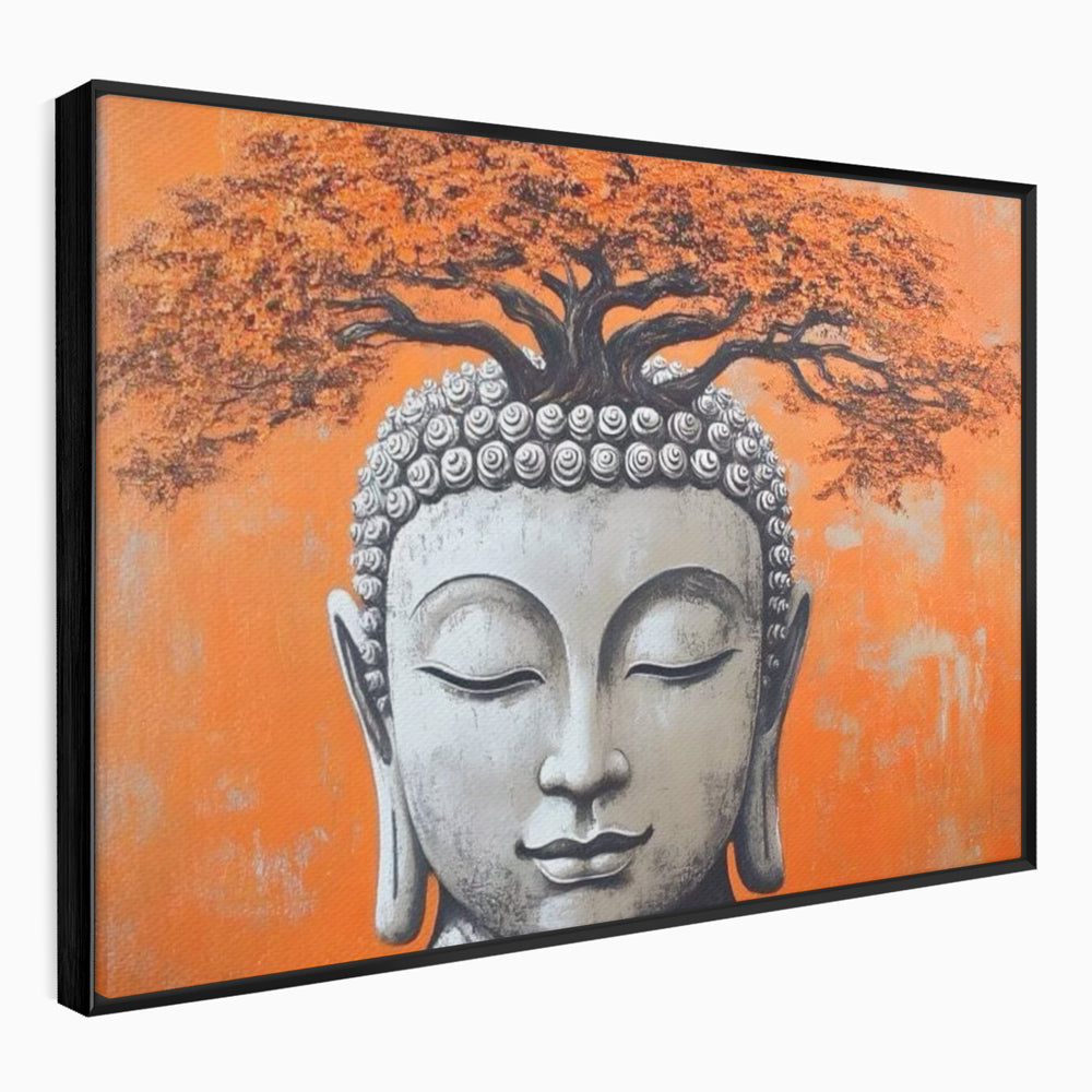 Leinwand Wandkunst Leinwand Wandkunst Premium LuxCanva® I152, Blühende Balance, Buddha, Zen, Spiritualität, Gleichgewicht, Baum, Meditation, Harmonie, Innerer Frieden, Orange, Wohnen, Schlafzimmer