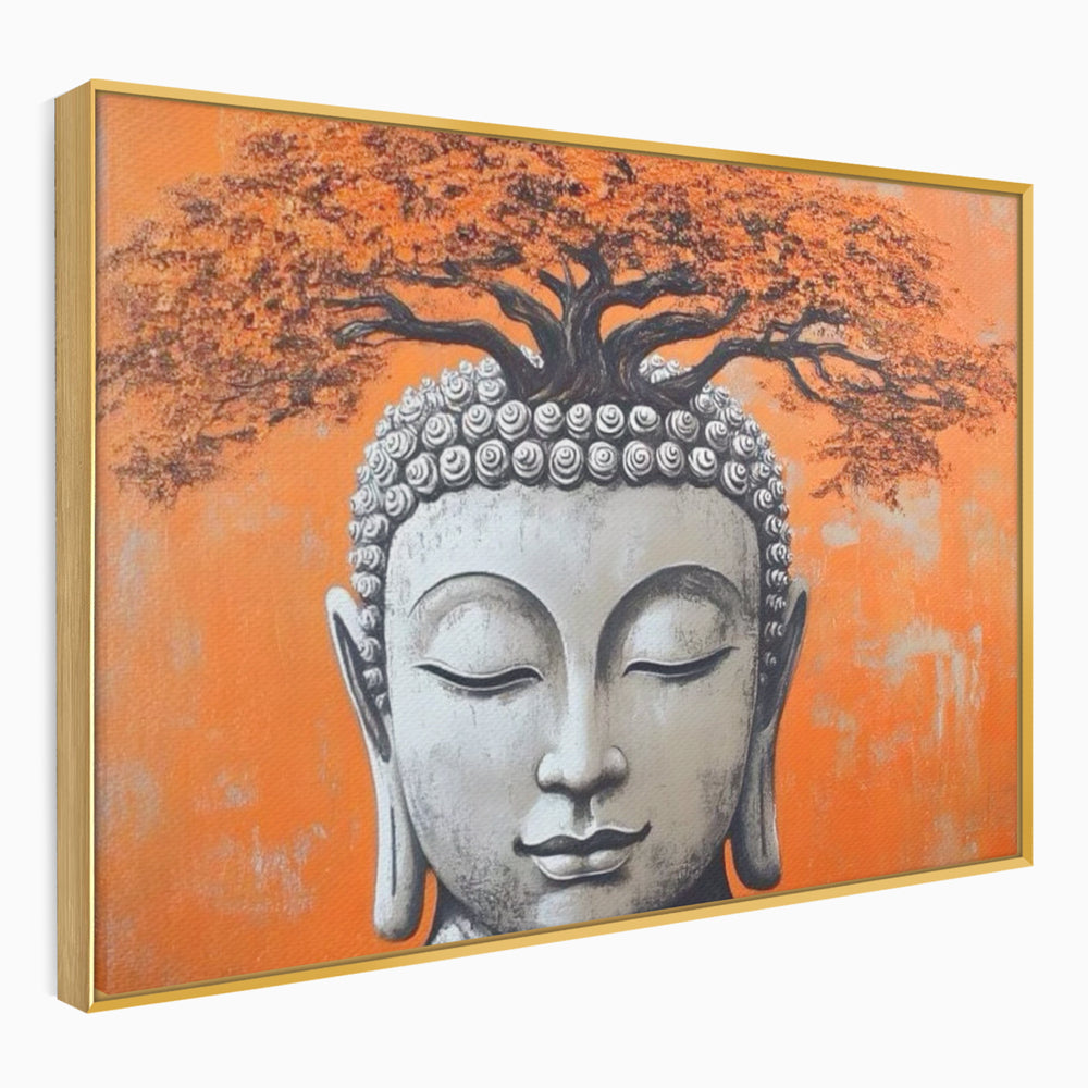 Leinwand Wandkunst Leinwand Wandkunst Premium LuxCanva® I152, Blühende Balance, Buddha, Zen, Spiritualität, Gleichgewicht, Baum, Meditation, Harmonie, Innerer Frieden, Orange, Wohnen, Schlafzimmer