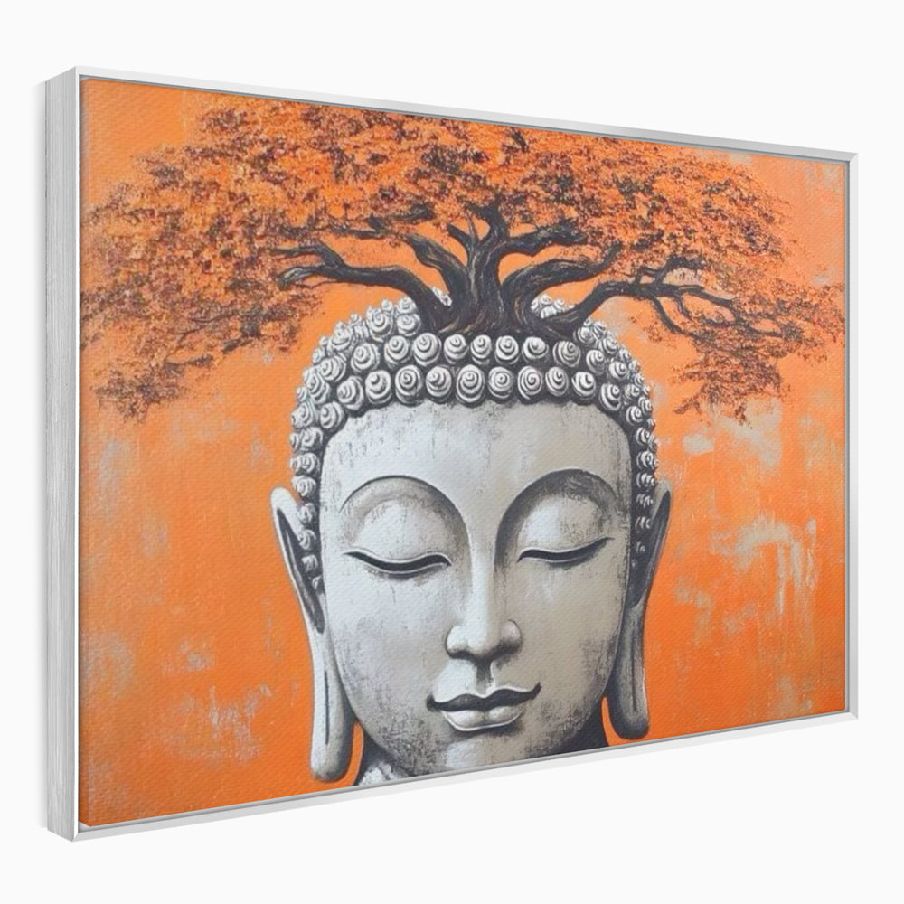 Leinwand Wandkunst Leinwand Wandkunst Premium LuxCanva® I152, Blühende Balance, Buddha, Zen, Spiritualität, Gleichgewicht, Baum, Meditation, Harmonie, Innerer Frieden, Orange, Wohnen, Schlafzimmer