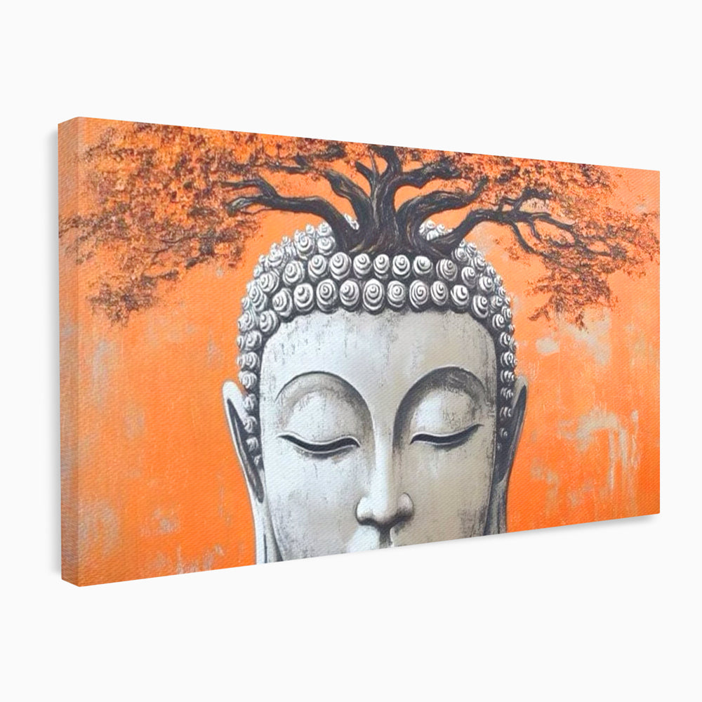 Leinwand Wandkunst Leinwand Wandkunst Premium LuxCanva® I152, Blühende Balance, Buddha, Zen, Spiritualität, Gleichgewicht, Baum, Meditation, Harmonie, Innerer Frieden, Orange, Wohnen, Schlafzimmer