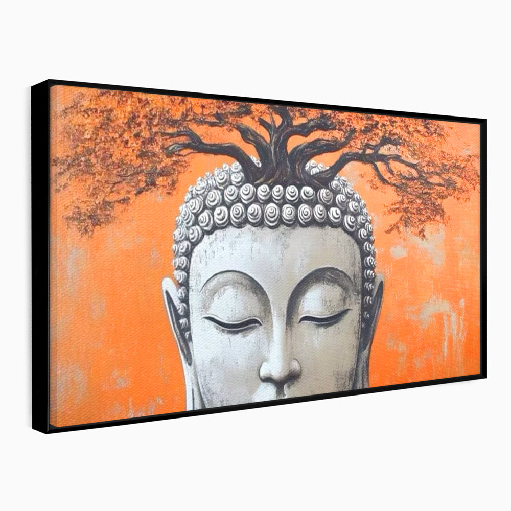 Leinwand Wandkunst Leinwand Wandkunst Premium LuxCanva® I152, Blühende Balance, Buddha, Zen, Spiritualität, Gleichgewicht, Baum, Meditation, Harmonie, Innerer Frieden, Orange, Wohnen, Schlafzimmer