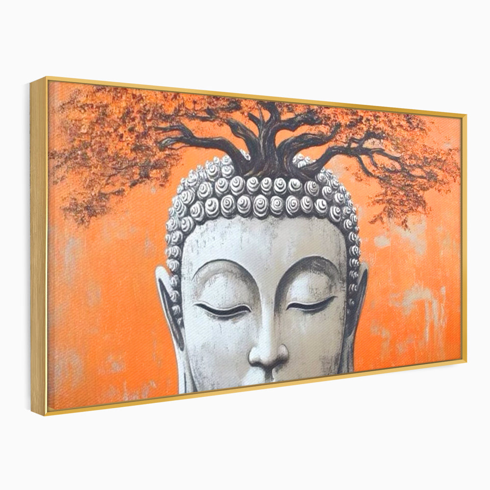 Leinwand Wandkunst Leinwand Wandkunst Premium LuxCanva® I152, Blühende Balance, Buddha, Zen, Spiritualität, Gleichgewicht, Baum, Meditation, Harmonie, Innerer Frieden, Orange, Wohnen, Schlafzimmer