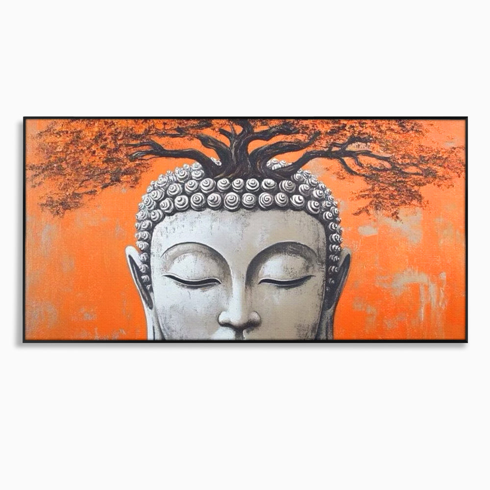 Leinwand Wandkunst Leinwand Wandkunst Premium LuxCanva® I152, Blühende Balance, Buddha, Zen, Spiritualität, Gleichgewicht, Baum, Meditation, Harmonie, Innerer Frieden, Orange, Wohnen, Schlafzimmer