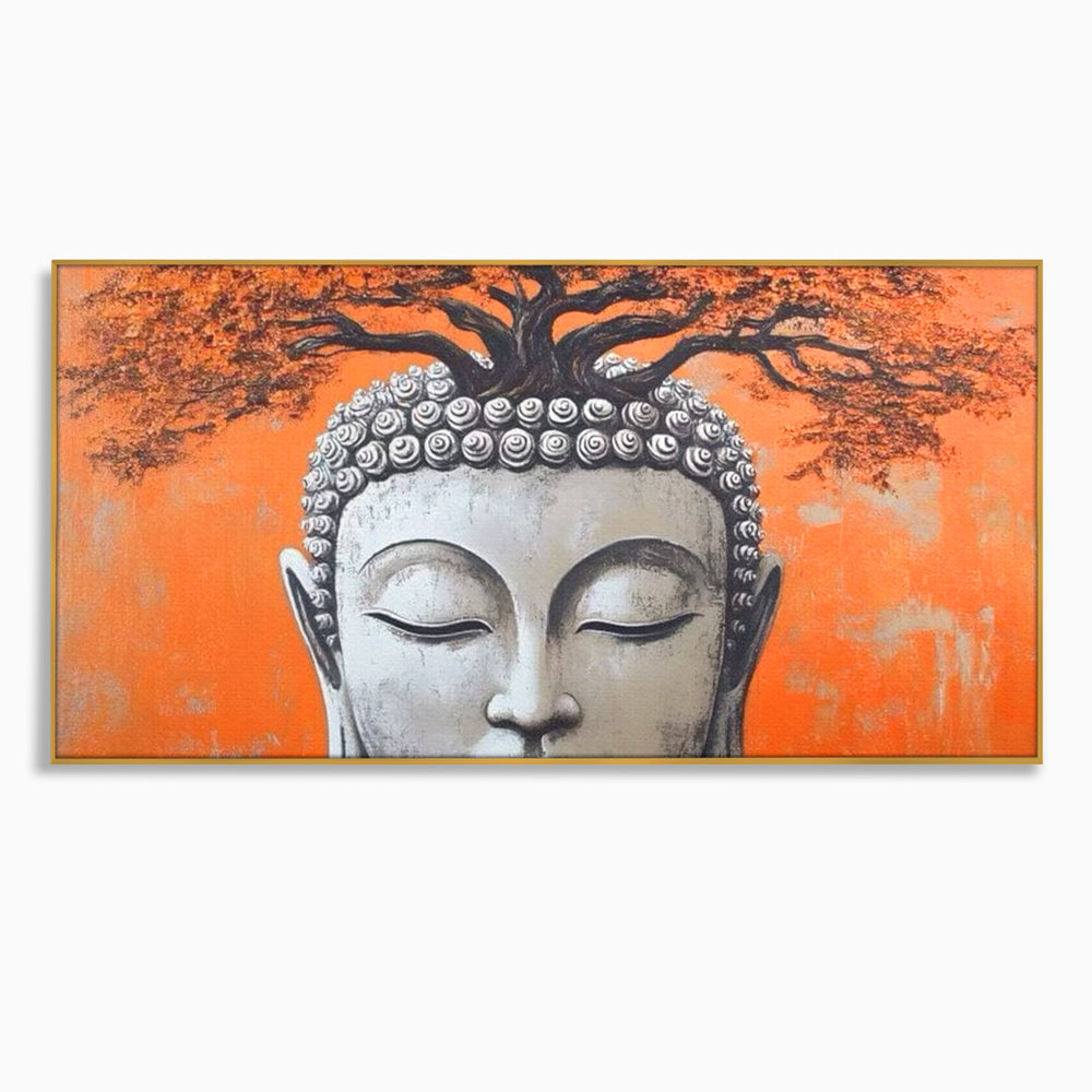 Leinwand Wandkunst Leinwand Wandkunst Premium LuxCanva® I152, Blühende Balance, Buddha, Zen, Spiritualität, Gleichgewicht, Baum, Meditation, Harmonie, Innerer Frieden, Orange, Wohnen, Schlafzimmer