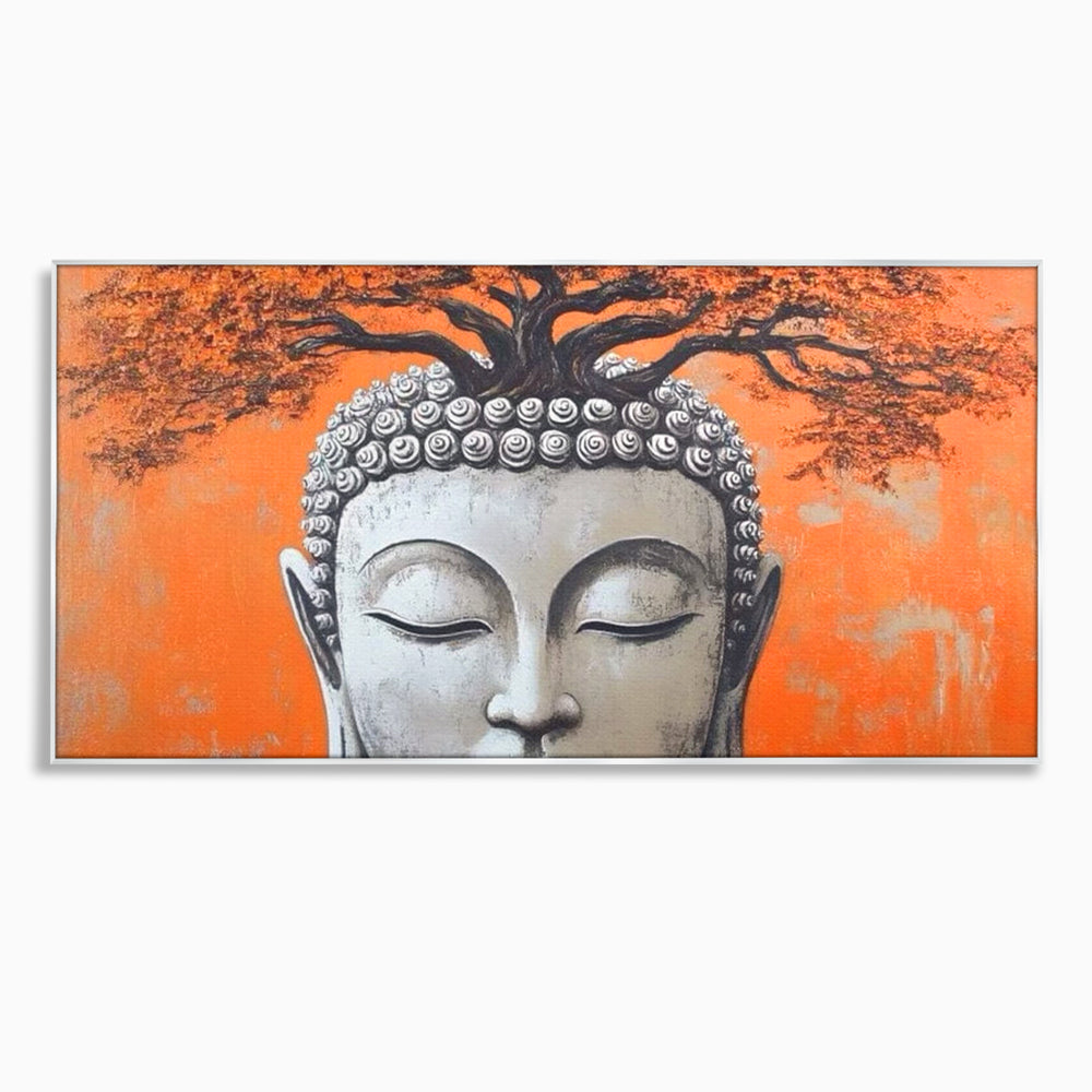 Leinwand Wandkunst Leinwand Wandkunst Premium LuxCanva® I152, Blühende Balance, Buddha, Zen, Spiritualität, Gleichgewicht, Baum, Meditation, Harmonie, Innerer Frieden, Orange, Wohnen, Schlafzimmer