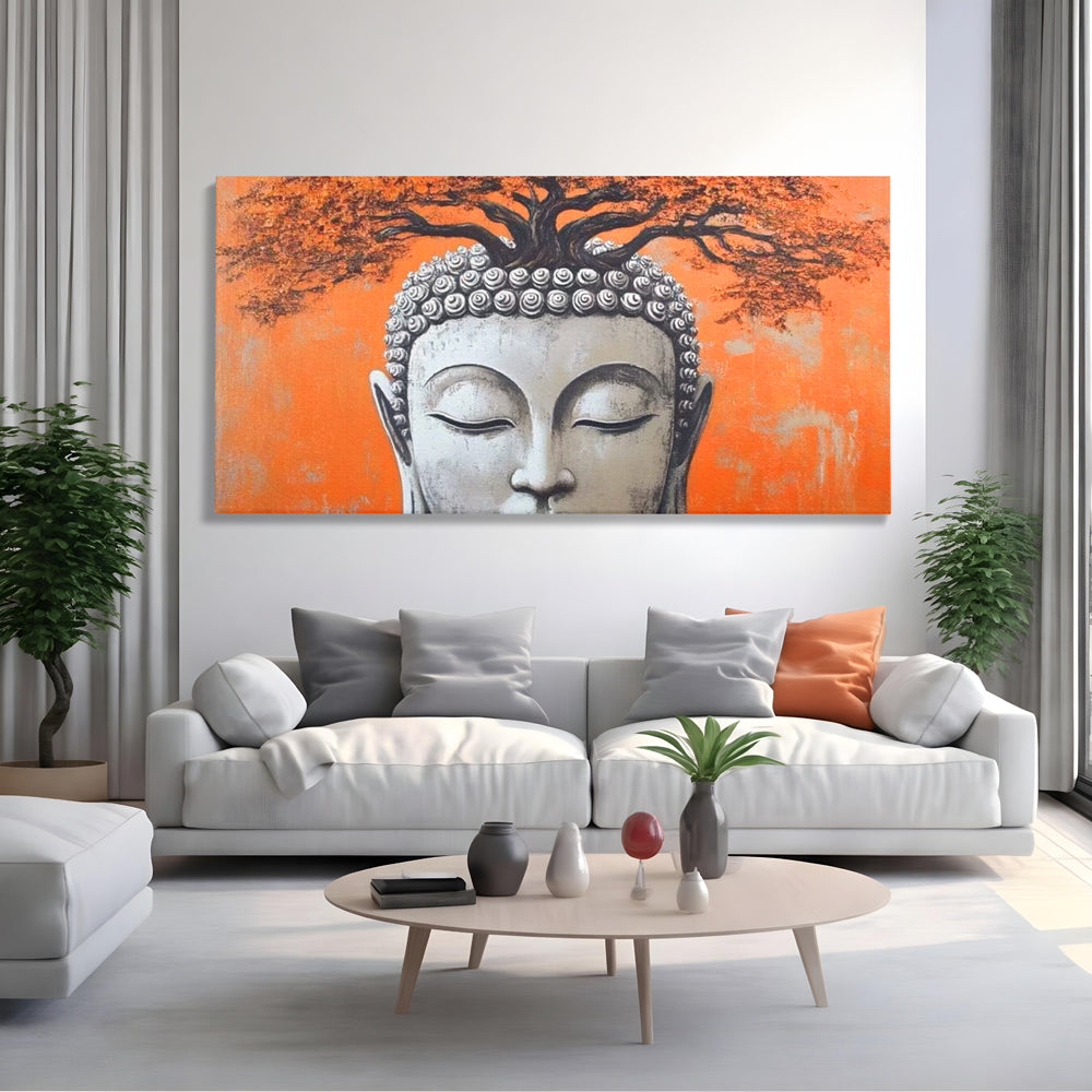 Leinwand Wandkunst Leinwand Wandkunst Premium LuxCanva® I152, Blühende Balance, Buddha, Zen, Spiritualität, Gleichgewicht, Baum, Meditation, Harmonie, Innerer Frieden, Orange, Wohnen, Schlafzimmer