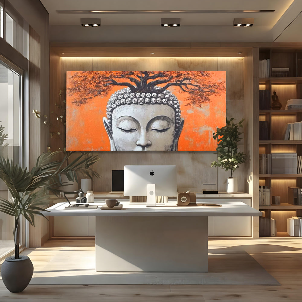 Leinwand Wandkunst Leinwand Wandkunst Premium LuxCanva® I152, Blühende Balance, Buddha, Zen, Spiritualität, Gleichgewicht, Baum, Meditation, Harmonie, Innerer Frieden, Orange, Wohnen, Schlafzimmer