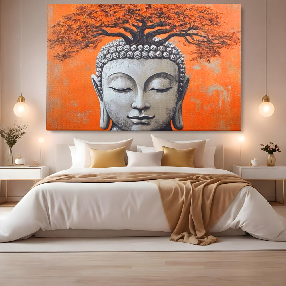 Leinwand Wandkunst Leinwand Wandkunst Premium LuxCanva® I152, Blühende Balance, Buddha, Zen, Spiritualität, Gleichgewicht, Baum, Meditation, Harmonie, Innerer Frieden, Orange, Wohnen, Schlafzimmer