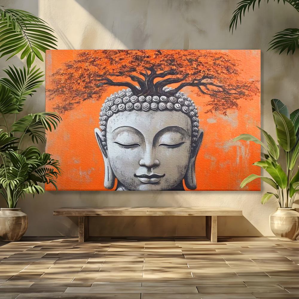 Leinwand Wandkunst Leinwand Wandkunst Premium LuxCanva® I152, Blühende Balance, Buddha, Zen, Spiritualität, Gleichgewicht, Baum, Meditation, Harmonie, Innerer Frieden, Orange, Wohnen, Schlafzimmer