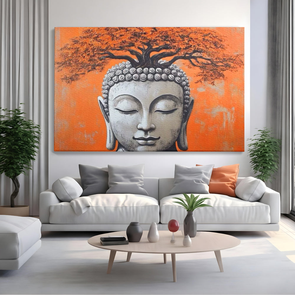 Leinwand Wandkunst Leinwand Wandkunst Premium LuxCanva® I152, Blühende Balance, Buddha, Zen, Spiritualität, Gleichgewicht, Baum, Meditation, Harmonie, Innerer Frieden, Orange, Wohnen, Schlafzimmer