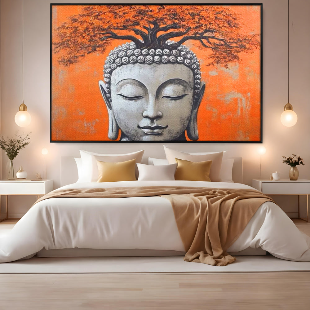 Leinwand Wandkunst Leinwand Wandkunst Premium LuxCanva® I152, Blühende Balance, Buddha, Zen, Spiritualität, Gleichgewicht, Baum, Meditation, Harmonie, Innerer Frieden, Orange, Wohnen, Schlafzimmer
