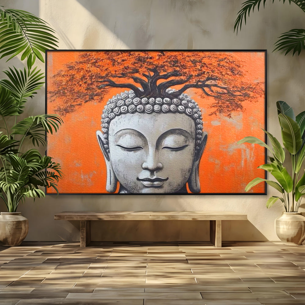 Leinwand Wandkunst Leinwand Wandkunst Premium LuxCanva® I152, Blühende Balance, Buddha, Zen, Spiritualität, Gleichgewicht, Baum, Meditation, Harmonie, Innerer Frieden, Orange, Wohnen, Schlafzimmer