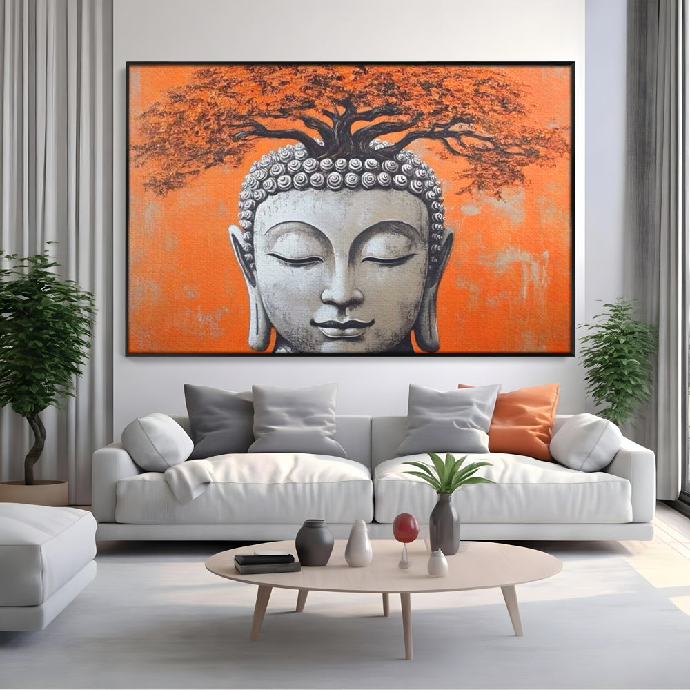 Leinwand Wandkunst Leinwand Wandkunst Premium LuxCanva® I152, Blühende Balance, Buddha, Zen, Spiritualität, Gleichgewicht, Baum, Meditation, Harmonie, Innerer Frieden, Orange, Wohnen, Schlafzimmer