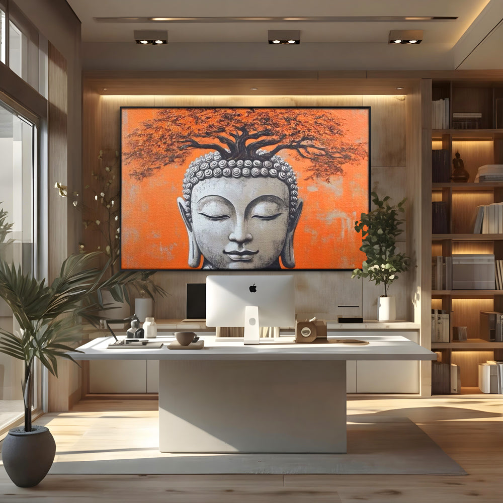 Leinwand Wandkunst Leinwand Wandkunst Premium LuxCanva® I152, Blühende Balance, Buddha, Zen, Spiritualität, Gleichgewicht, Baum, Meditation, Harmonie, Innerer Frieden, Orange, Wohnen, Schlafzimmer