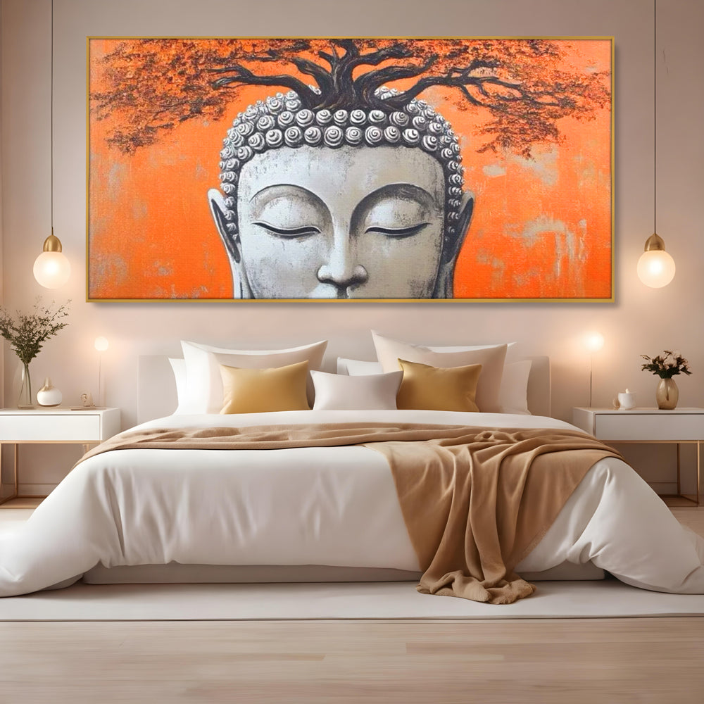 Leinwand Wandkunst Leinwand Wandkunst Premium LuxCanva® I152, Blühende Balance, Buddha, Zen, Spiritualität, Gleichgewicht, Baum, Meditation, Harmonie, Innerer Frieden, Orange, Wohnen, Schlafzimmer
