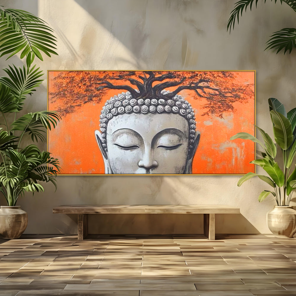 Leinwand Wandkunst Leinwand Wandkunst Premium LuxCanva® I152, Blühende Balance, Buddha, Zen, Spiritualität, Gleichgewicht, Baum, Meditation, Harmonie, Innerer Frieden, Orange, Wohnen, Schlafzimmer