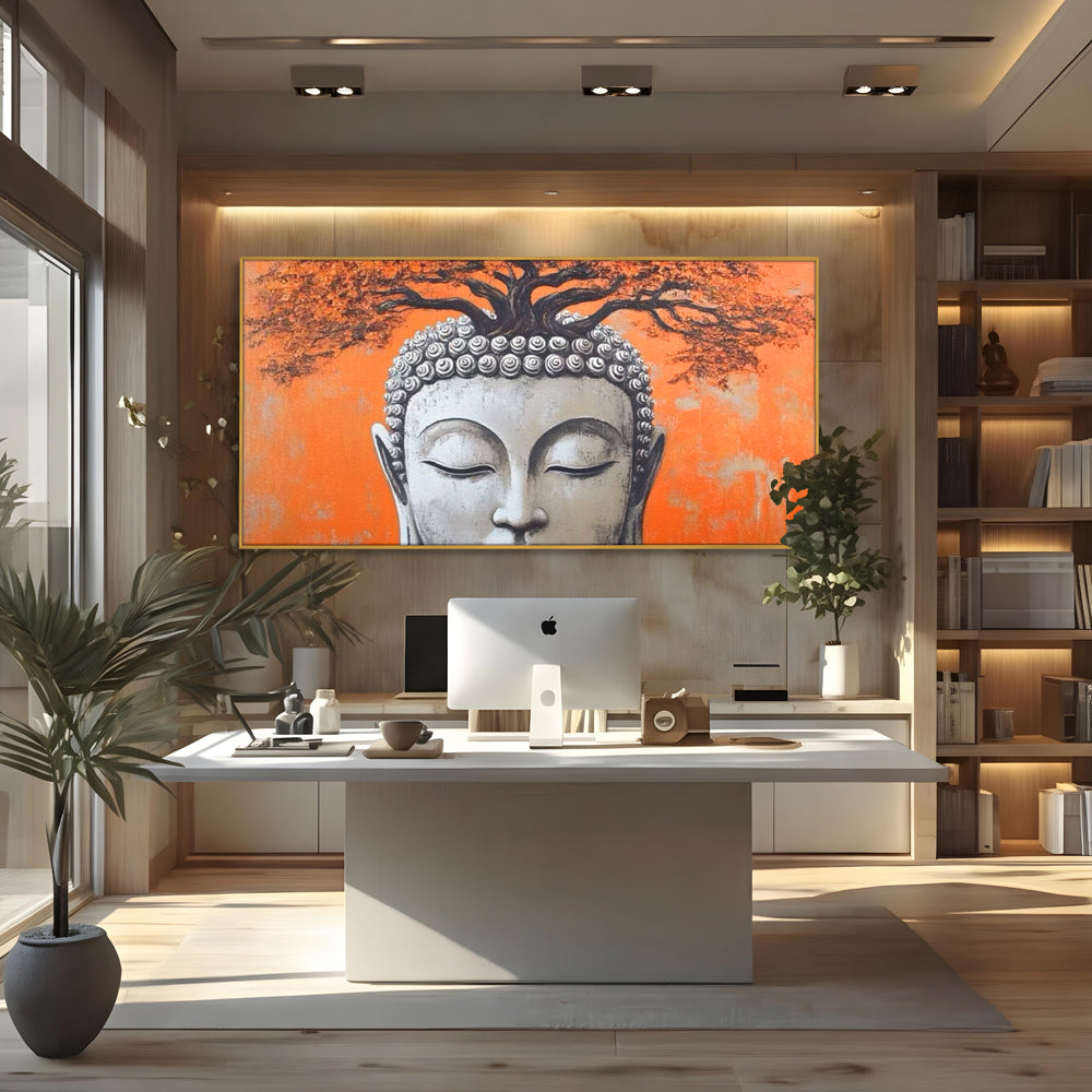 Leinwand Wandkunst Leinwand Wandkunst Premium LuxCanva® I152, Blühende Balance, Buddha, Zen, Spiritualität, Gleichgewicht, Baum, Meditation, Harmonie, Innerer Frieden, Orange, Wohnen, Schlafzimmer