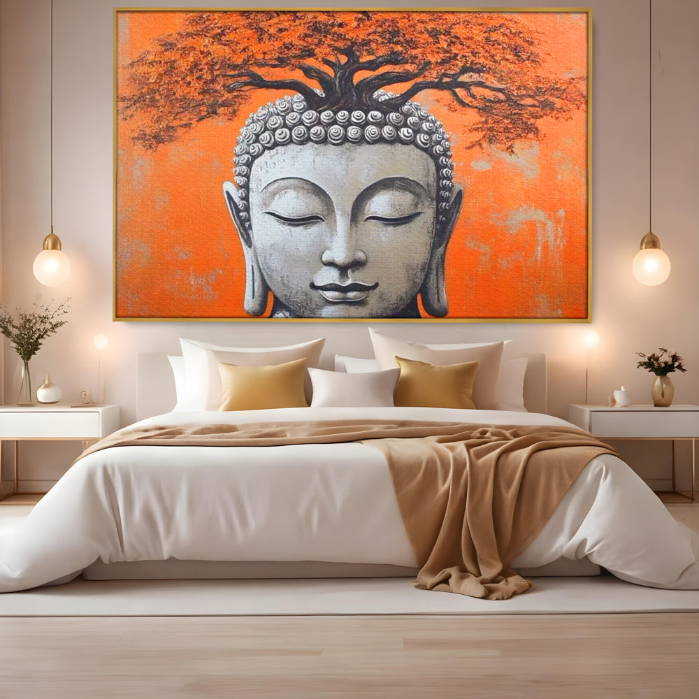 Leinwand Wandkunst Leinwand Wandkunst Premium LuxCanva® I152, Blühende Balance, Buddha, Zen, Spiritualität, Gleichgewicht, Baum, Meditation, Harmonie, Innerer Frieden, Orange, Wohnen, Schlafzimmer