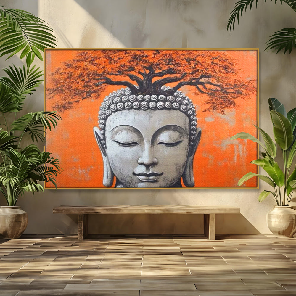 Leinwand Wandkunst Leinwand Wandkunst Premium LuxCanva® I152, Blühende Balance, Buddha, Zen, Spiritualität, Gleichgewicht, Baum, Meditation, Harmonie, Innerer Frieden, Orange, Wohnen, Schlafzimmer