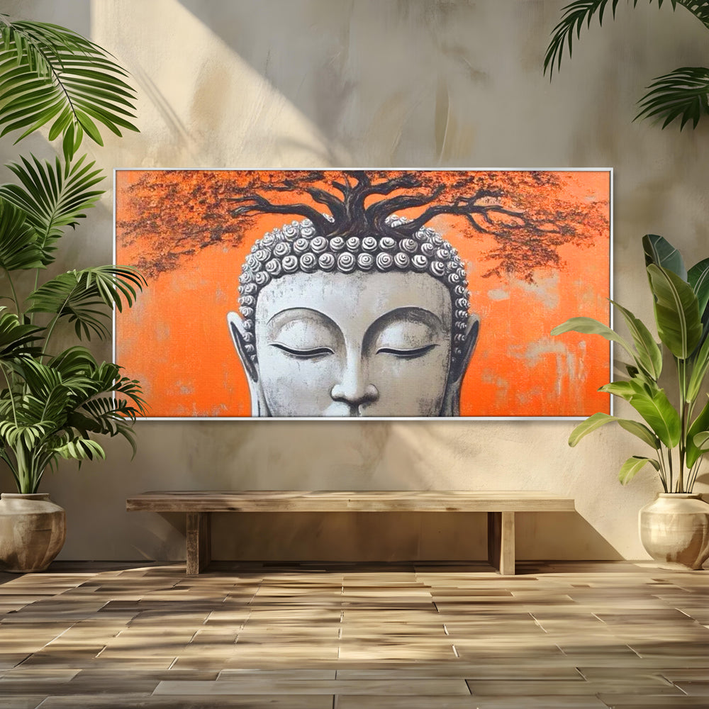 Leinwand Wandkunst Leinwand Wandkunst Premium LuxCanva® I152, Blühende Balance, Buddha, Zen, Spiritualität, Gleichgewicht, Baum, Meditation, Harmonie, Innerer Frieden, Orange, Wohnen, Schlafzimmer
