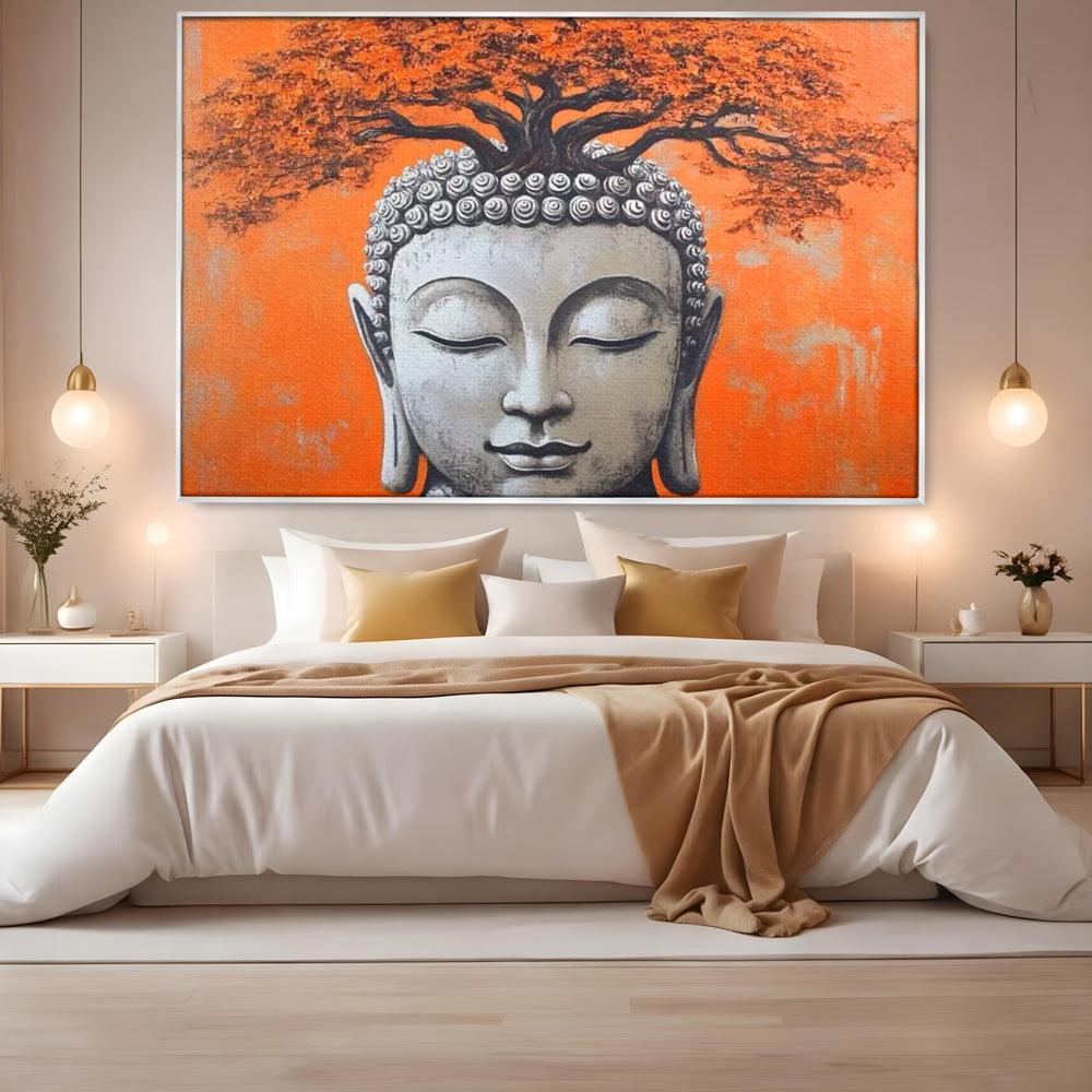 Leinwand Wandkunst Leinwand Wandkunst Premium LuxCanva® I152, Blühende Balance, Buddha, Zen, Spiritualität, Gleichgewicht, Baum, Meditation, Harmonie, Innerer Frieden, Orange, Wohnen, Schlafzimmer