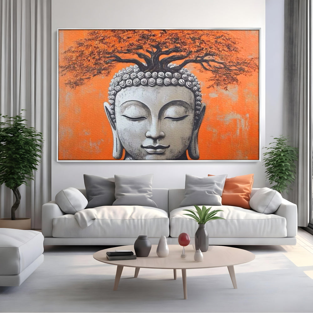 Leinwand Wandkunst Leinwand Wandkunst Premium LuxCanva® I152, Blühende Balance, Buddha, Zen, Spiritualität, Gleichgewicht, Baum, Meditation, Harmonie, Innerer Frieden, Orange, Wohnen, Schlafzimmer