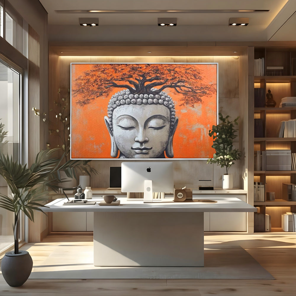 Leinwand Wandkunst Leinwand Wandkunst Premium LuxCanva® I152, Blühende Balance, Buddha, Zen, Spiritualität, Gleichgewicht, Baum, Meditation, Harmonie, Innerer Frieden, Orange, Wohnen, Schlafzimmer